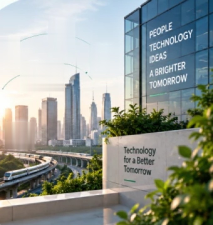 A modern city with a rail line, connected technology icons and a glass building reading Technology for a Better Tomorrow